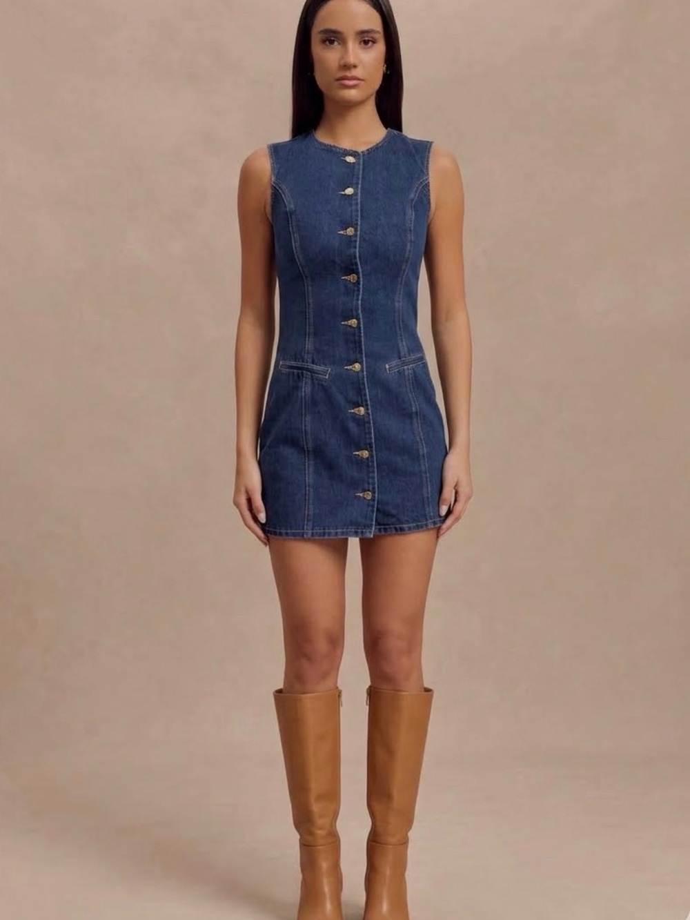 Meshki Dark Blue Denim Button-Front Mini Dress